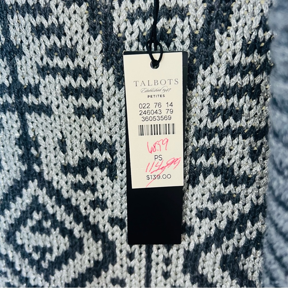 NWT! Talbots Mid Length Wool Blend Chunky Knit Geometric Gray Metallic Thread - Picture 4 of 12